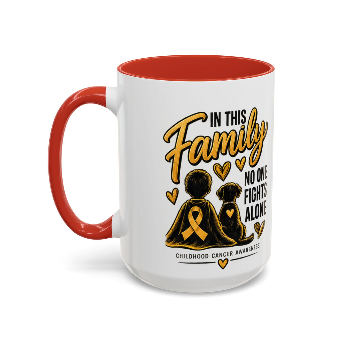 Childhood Cancer Awareness Accent Coffee Mug – "In This Family No One Fights Alone" (11/15oz)