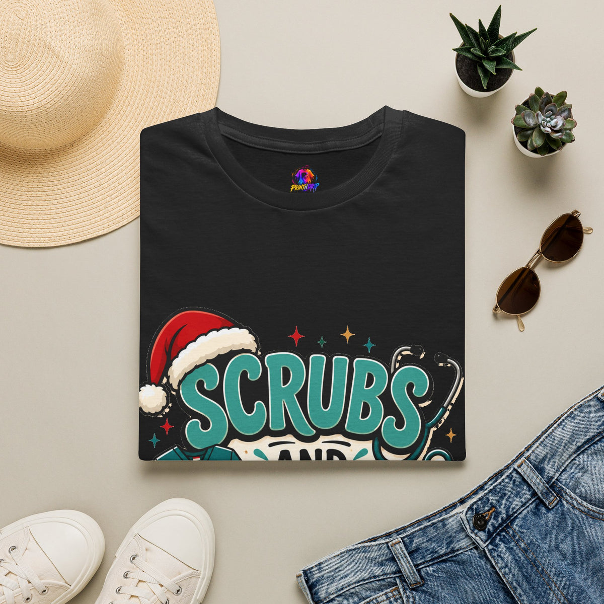 Scrubs and Santa Christmas T-Shirt — Cute Holiday Nurse Tee