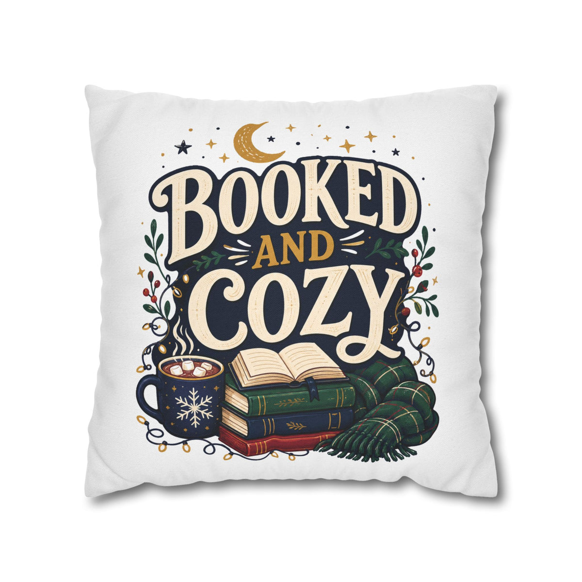Booked and Cozy Square Pillowcase Modern Day Christmas — Booklover Decorative Throw Pillow Cover