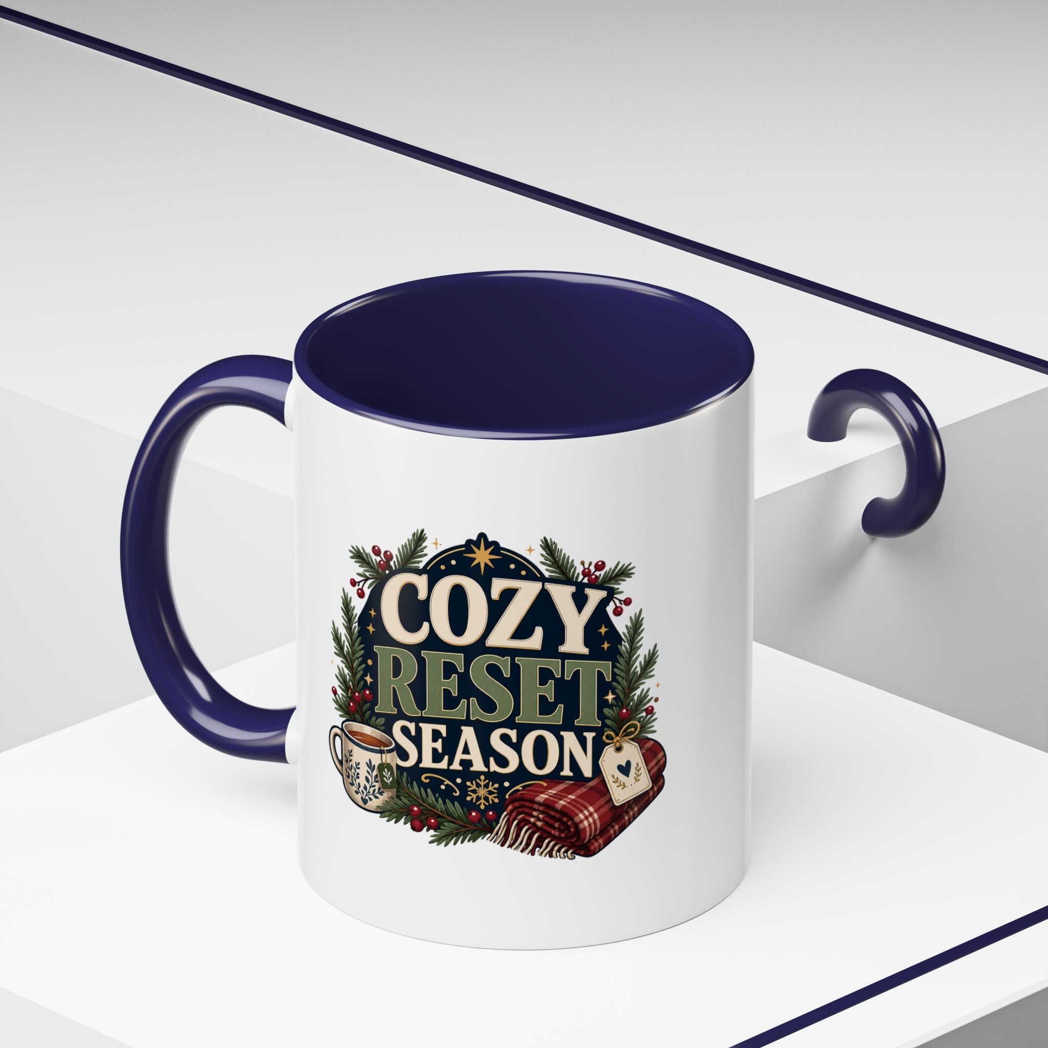 Modern Day Christmas Cozy Reset Season Mug — Holiday Coffee Cup with Blanket & Tea Tag Design