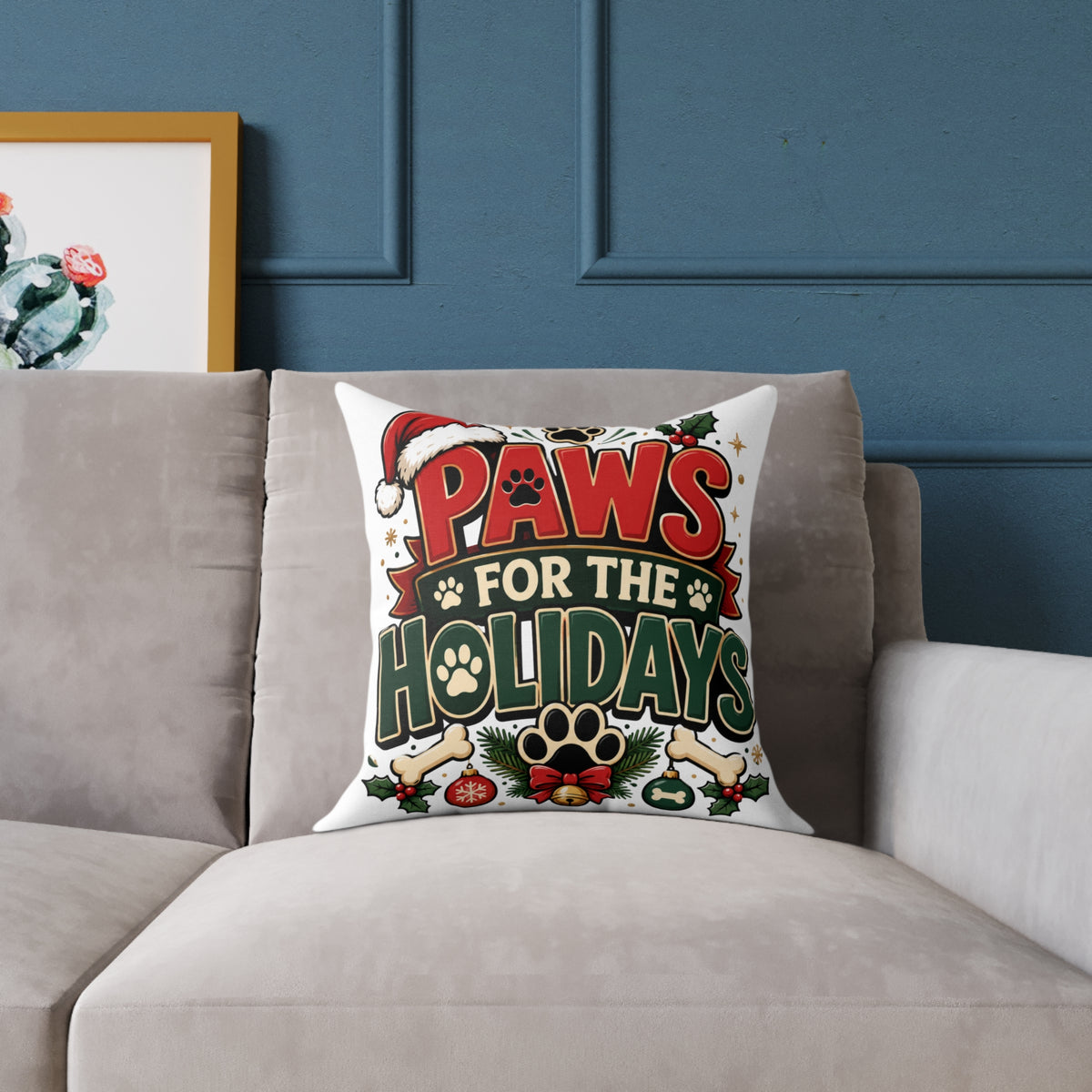 Christmas Paws for the Holidays Square Pillow — Festive Pet Christmas Decor