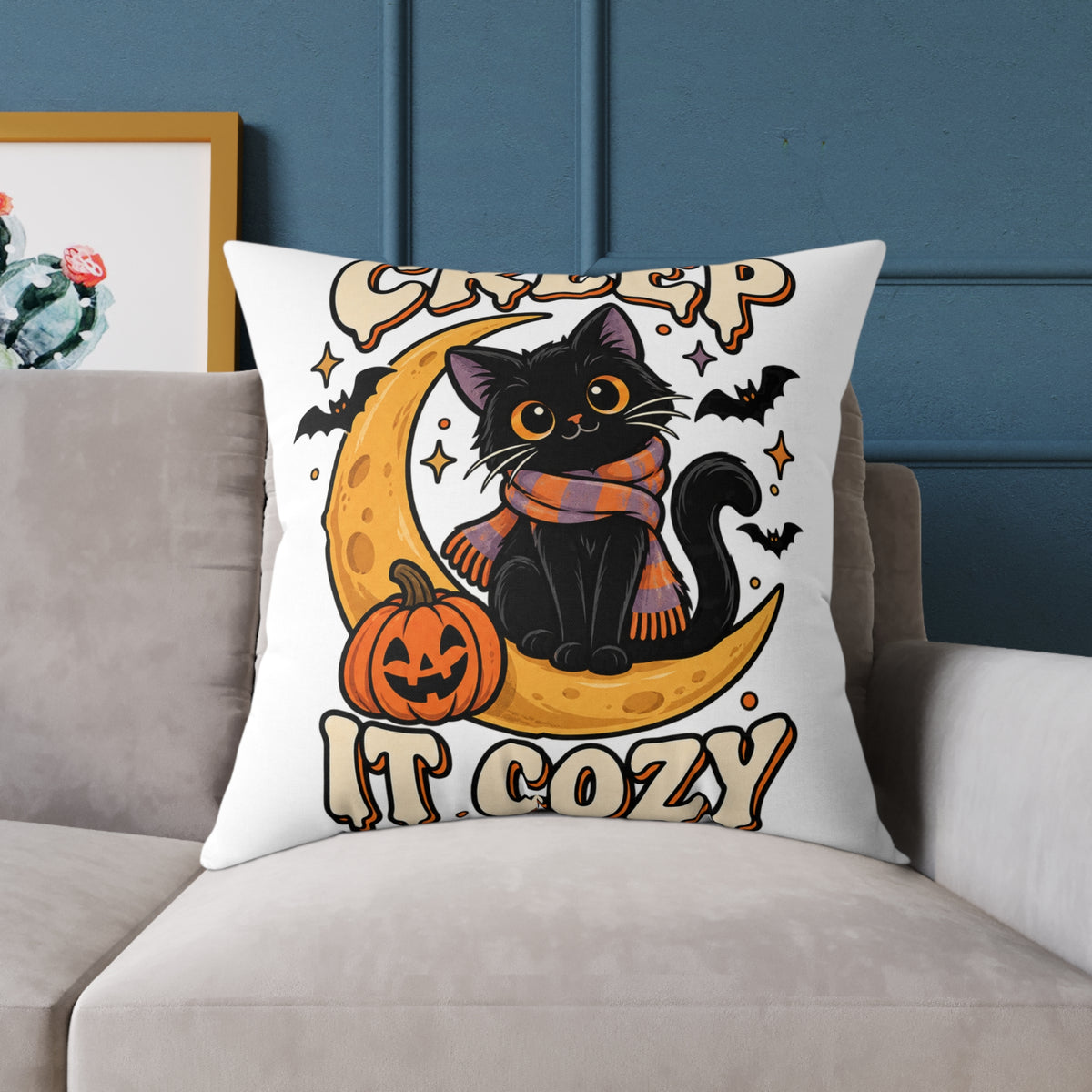 Halloween Cat Pillow — "Creep It Cozy" Decorative Square Throw Pillow