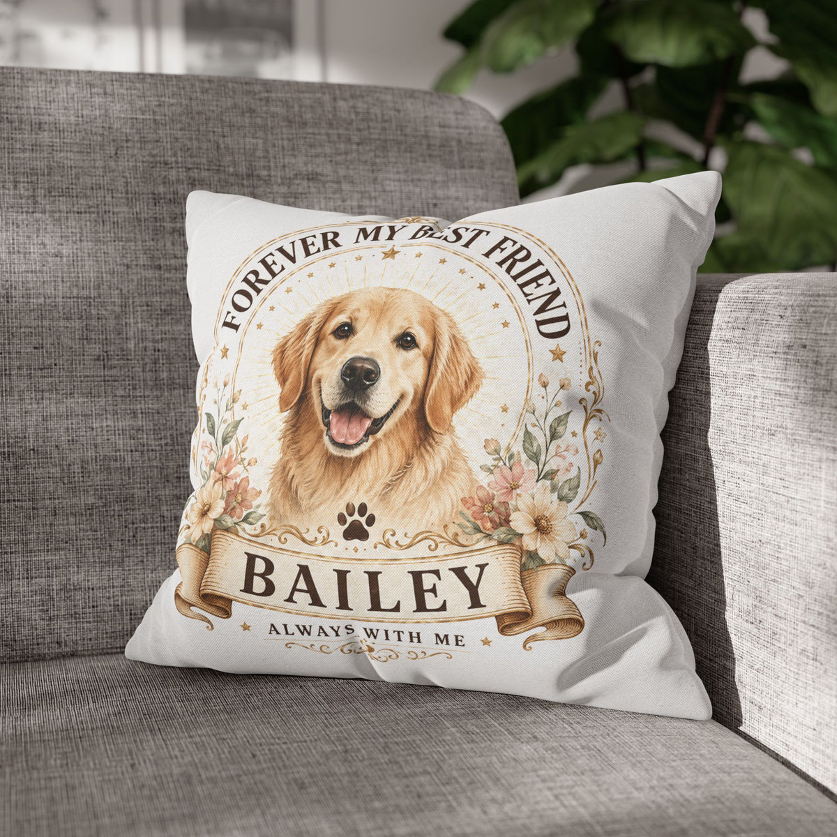 Dog Memorial Throw Pillowcase Milo Bailey Dog Dad Mom — "Forever My Best Friend" Personalized Golden Retriever Pillowcase