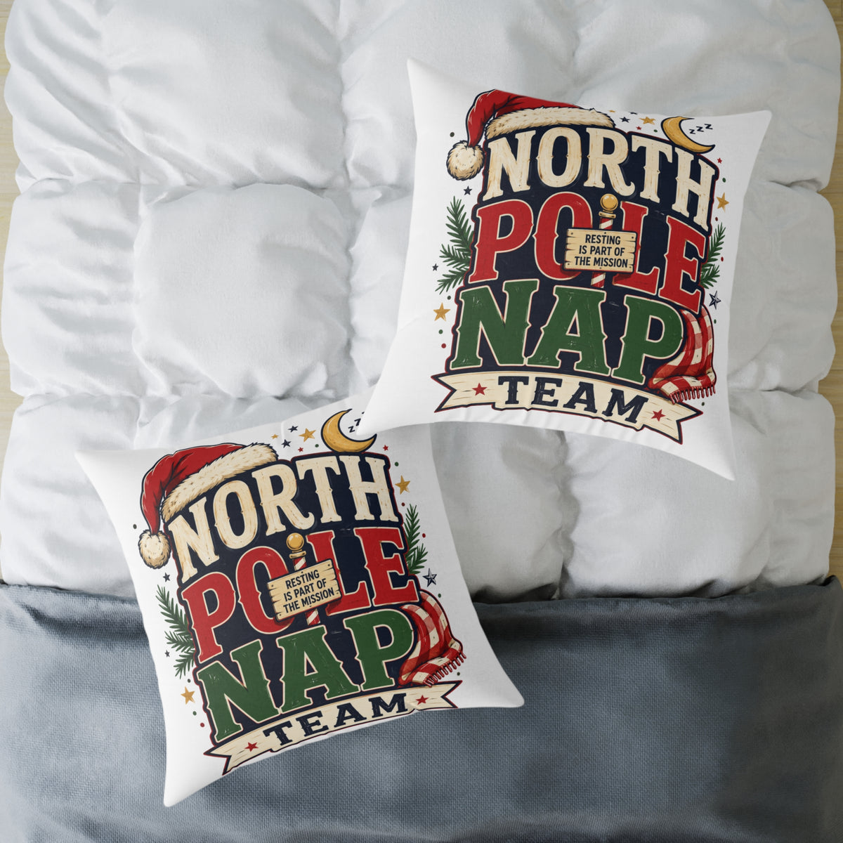 Christmas North Pole Nap Team Throw Pillow — Funny Christmas Holiday Decorative Cushion