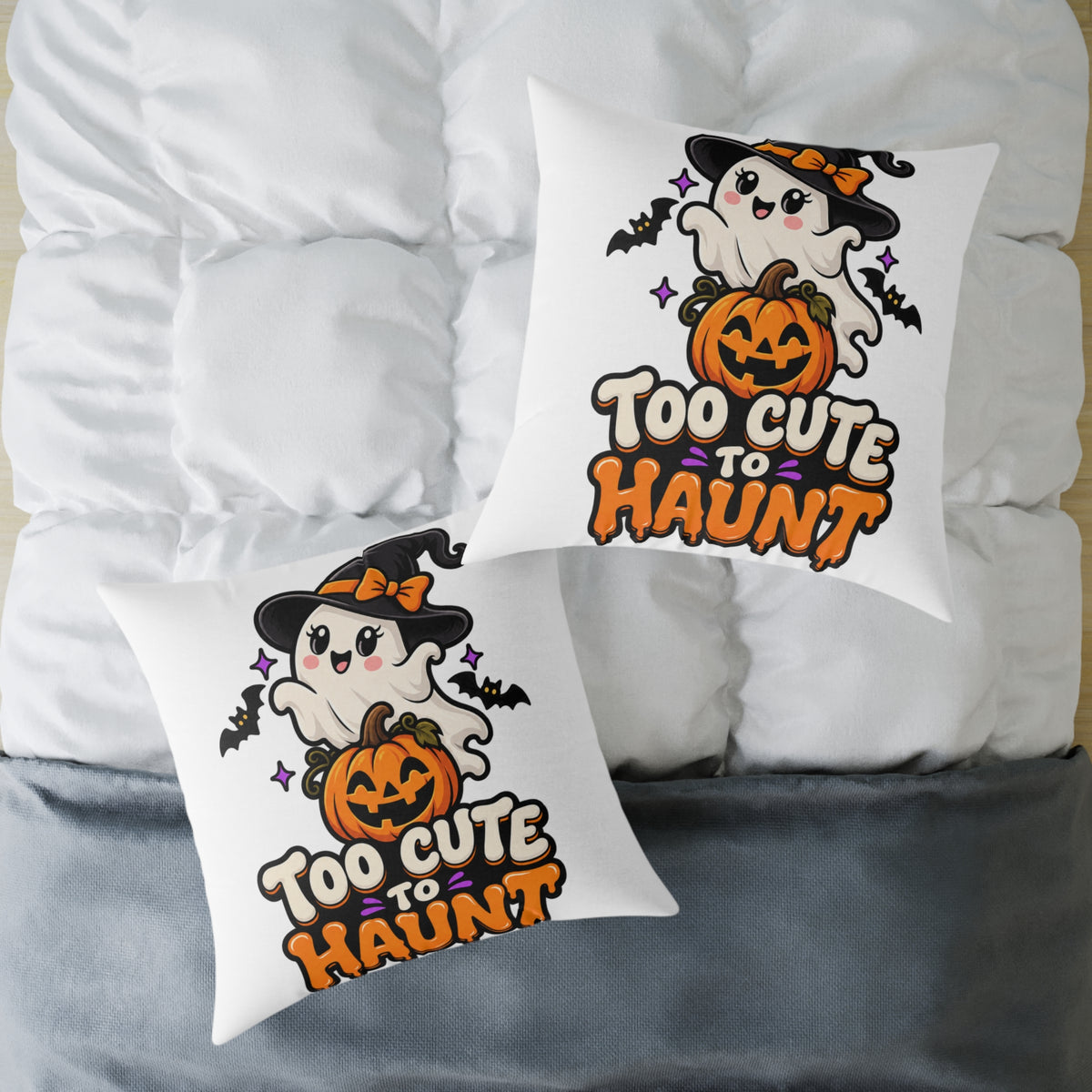 Halloween Ghost Pillow — "Too Cute to Haunt" Cute Pumpkin Decor