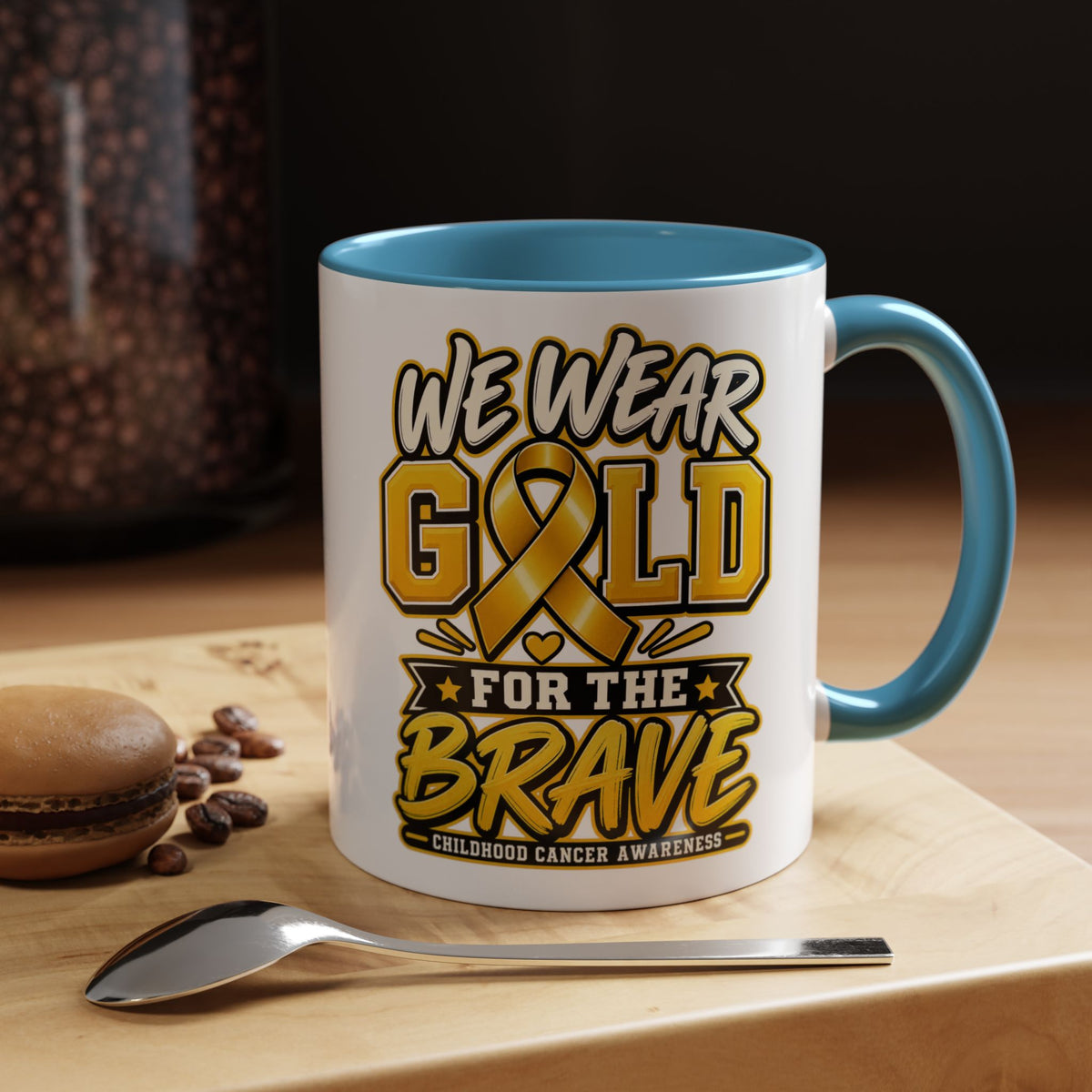 Childhood Cancer Awareness Accent Coffee Mug – "We Wear Gold for the Brave" (11/15 oz)
