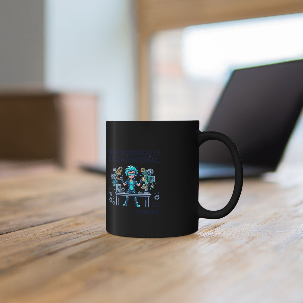 Aquarius Zodiac Black Engineer Robotics Mug — "Unapologetically Unconventional"