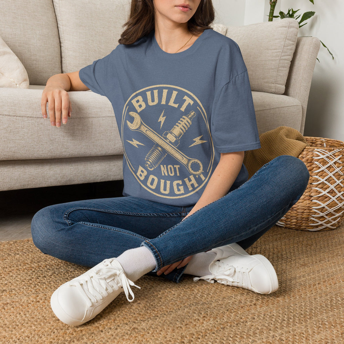 Built Not Bought T-Shirt — Vintage Mechanic Wrench & Spark Plug Design