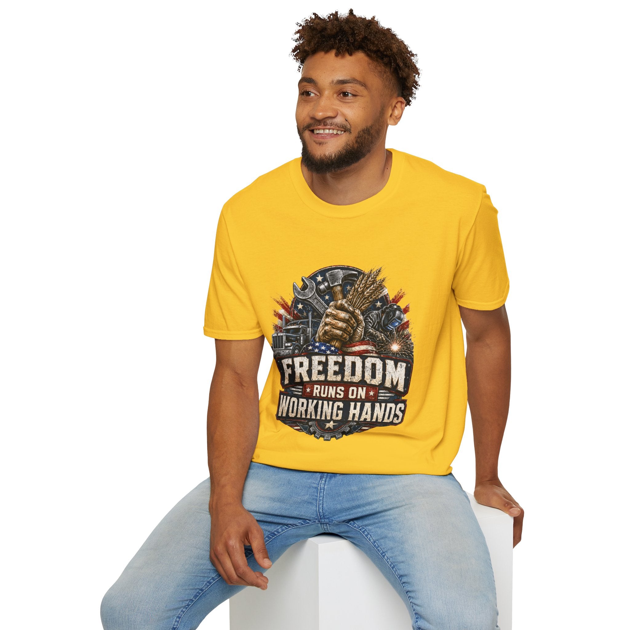 Freedom Runs on Working Hands T-Shirt — Patriotic Mechanic Tool & Wheat Design