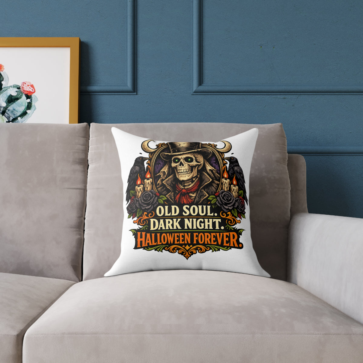 Halloween Skeleton Pillow - "Old Soul, Dark Night. Halloween Forever" Square Decorative Cushion