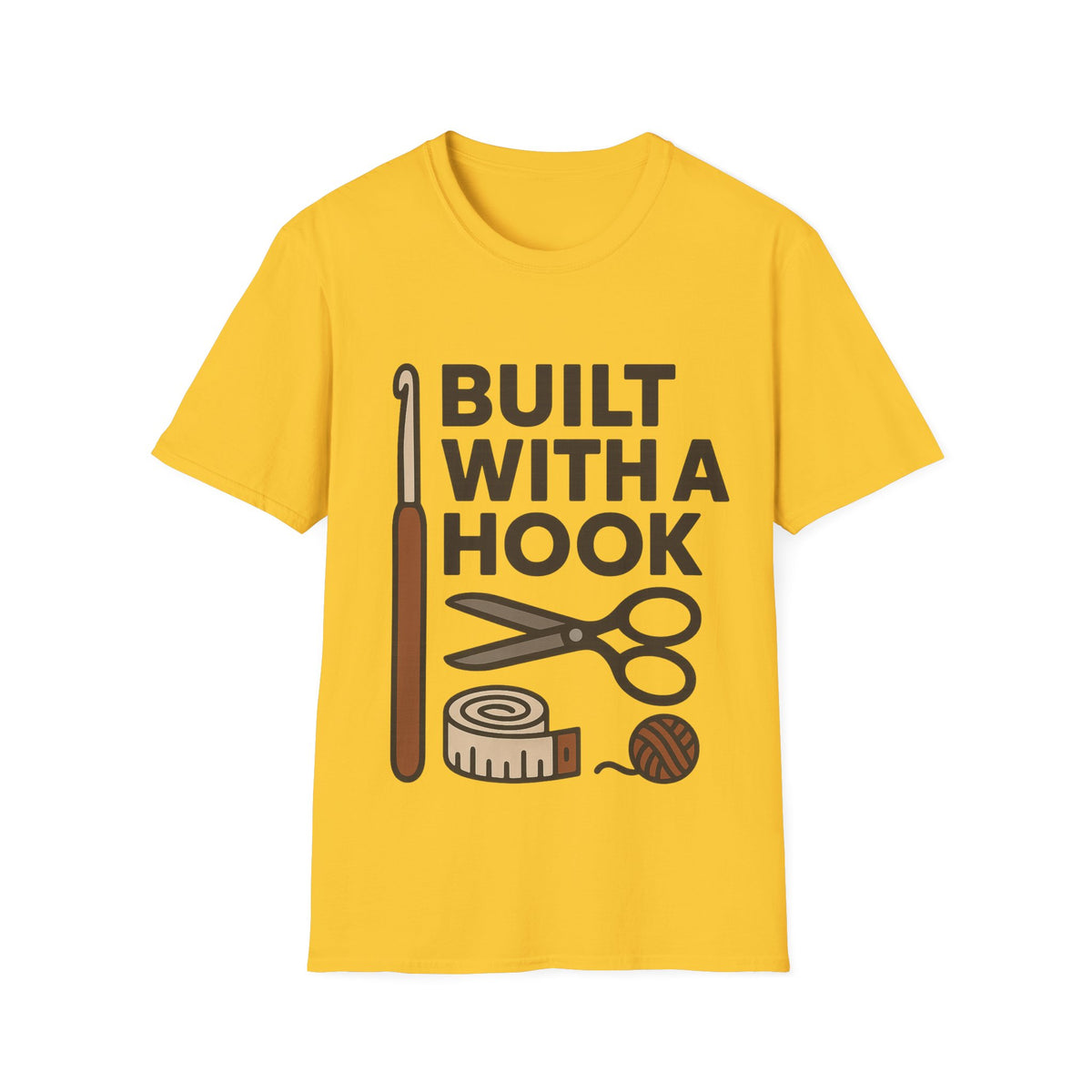 "Built With A Hook" Funny Crochet Graphic Tee - Minimalist Yarn Maker Crafting White T-Shirt - Trending Now - September 2026