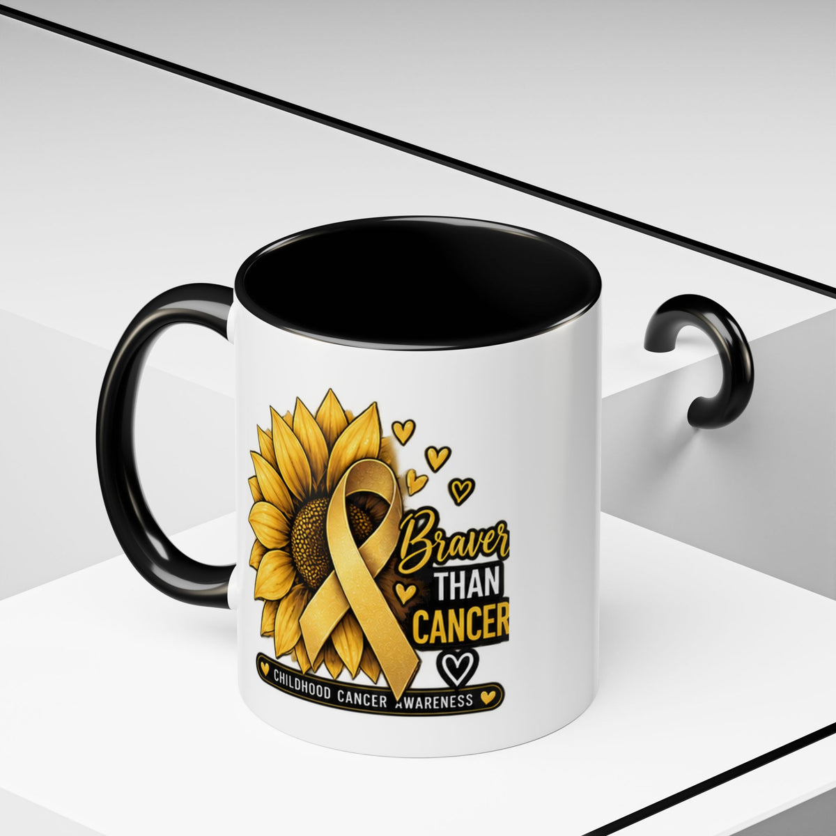 Childhood Cancer Awareness Mug — "Braver Than Cancer" Sunflower & Gold Ribbon