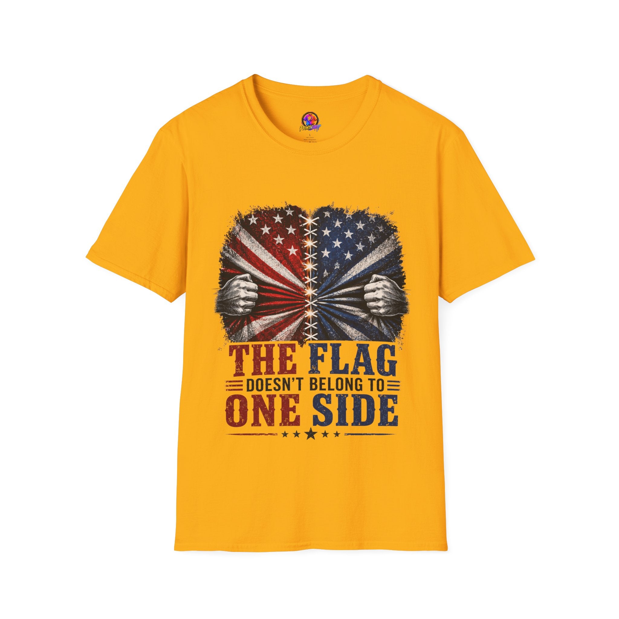 T-Shirt — "The Flag Doesn't Belong to One Side" Distressed American Flag Graphic