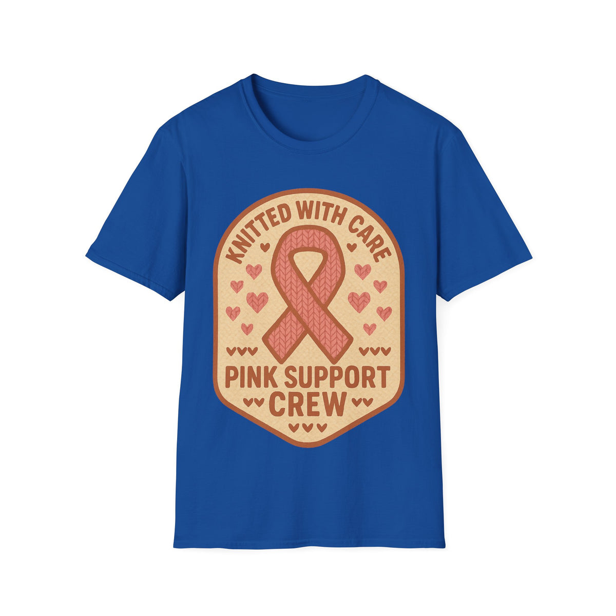 Pink Support Crew Knitted With Care Shield Badge T-Shirt, Breast Cancer Awareness Tee - Trending Now - September 2026