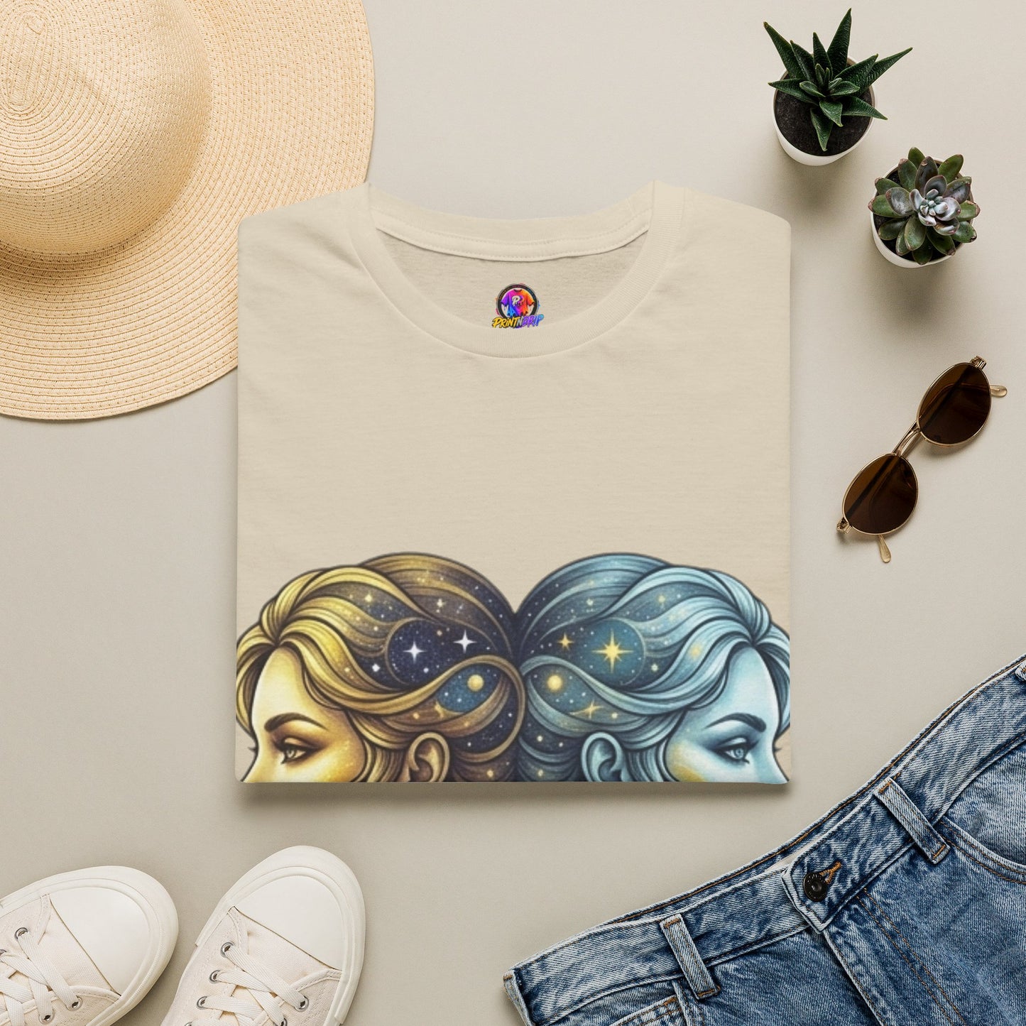 Zodiac Gemini Sun & Moon T-Shirt — Dual Faces Cosmic Design