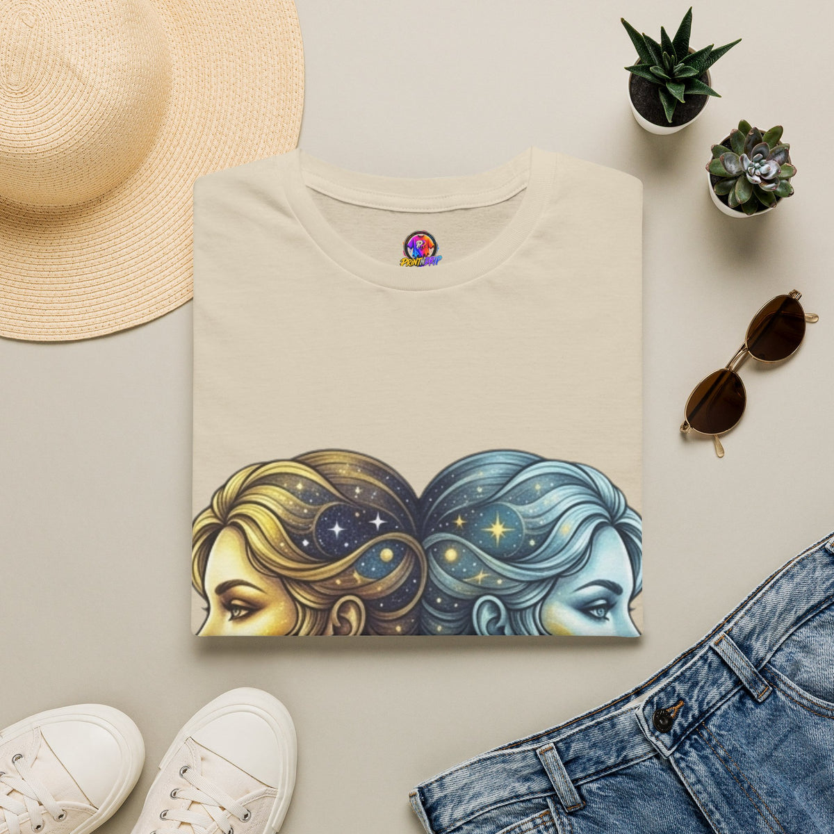 Zodiac Gemini Sun & Moon T-Shirt — Dual Faces Cosmic Design