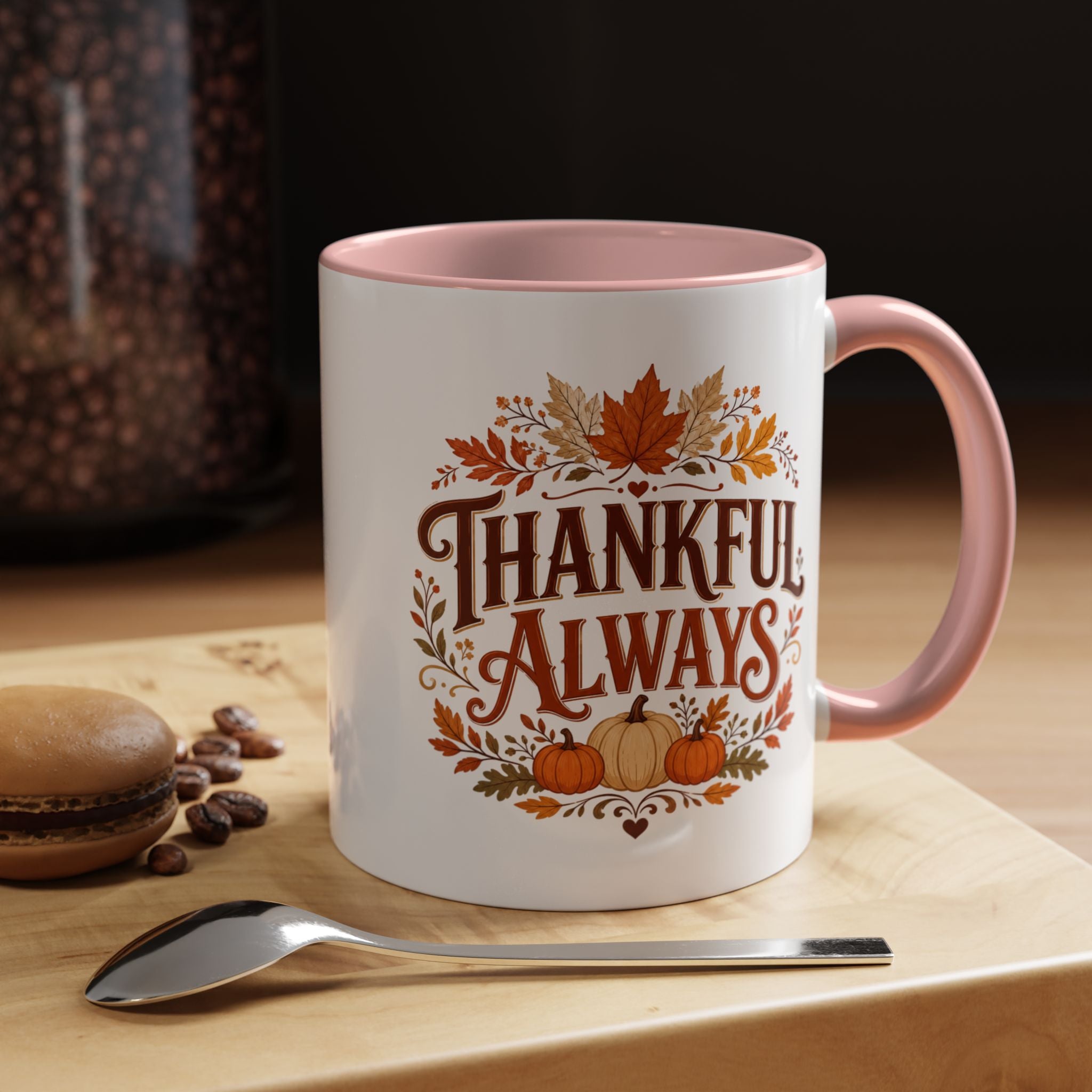 Thanksgiving Mug Thankful Always Accent Coffee Mug — Fall Pumpkin & Leaves Thanksgiving Gift