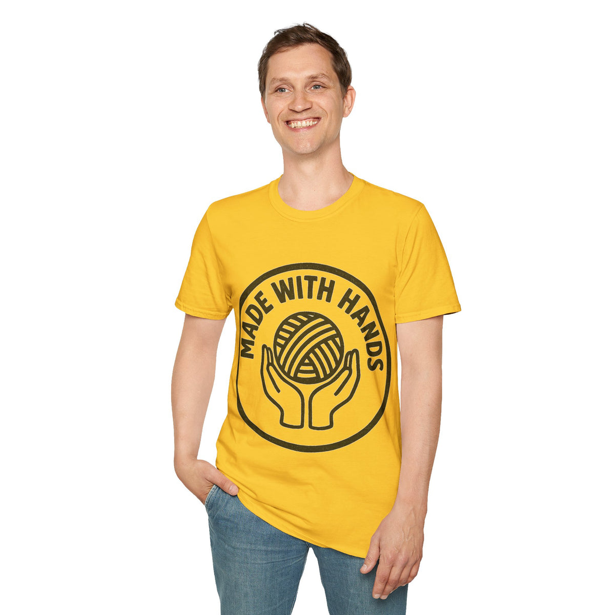 "Made With Hands" Vintage Ball of Yarn Logo Tee - Crafting Crochet Retro White T-Shirt - Trending Now - September 2026