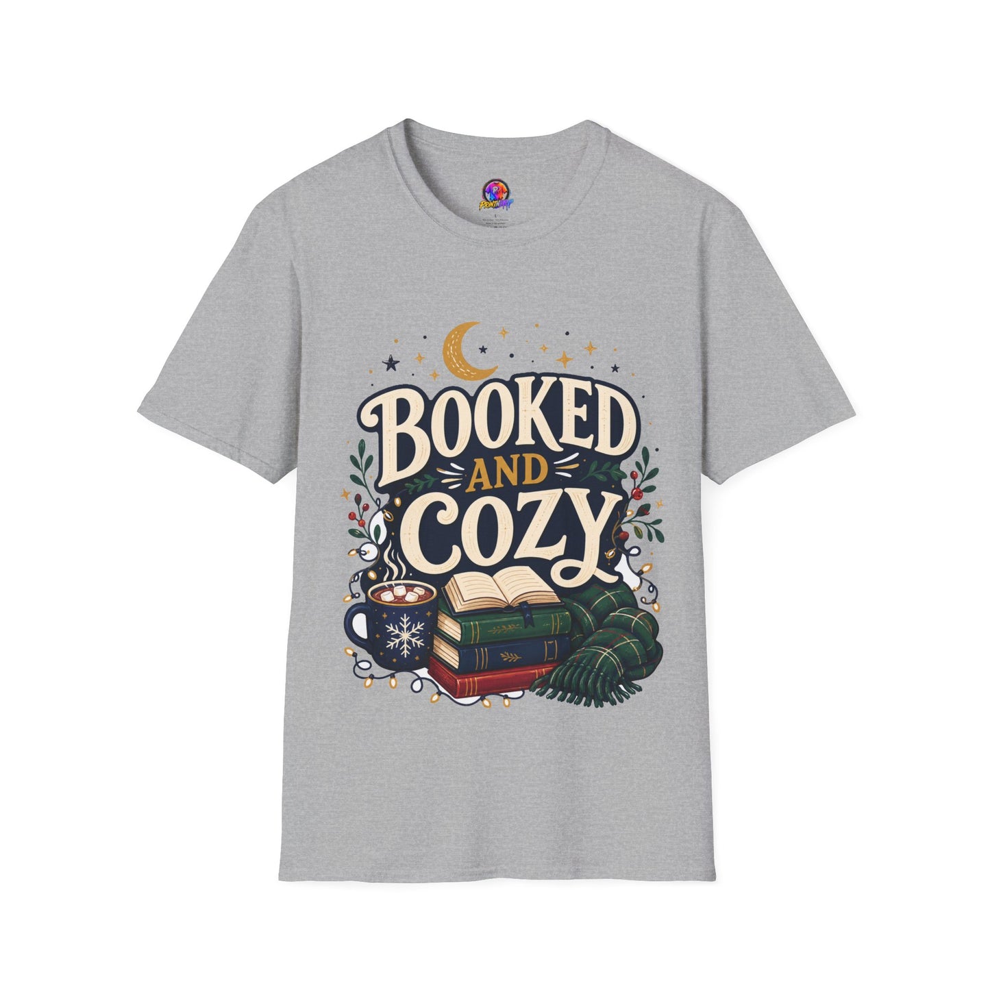 Booked and Cozy T-Shirt — Cozy Reading Graphic Tee (Books, Moon & Stars)