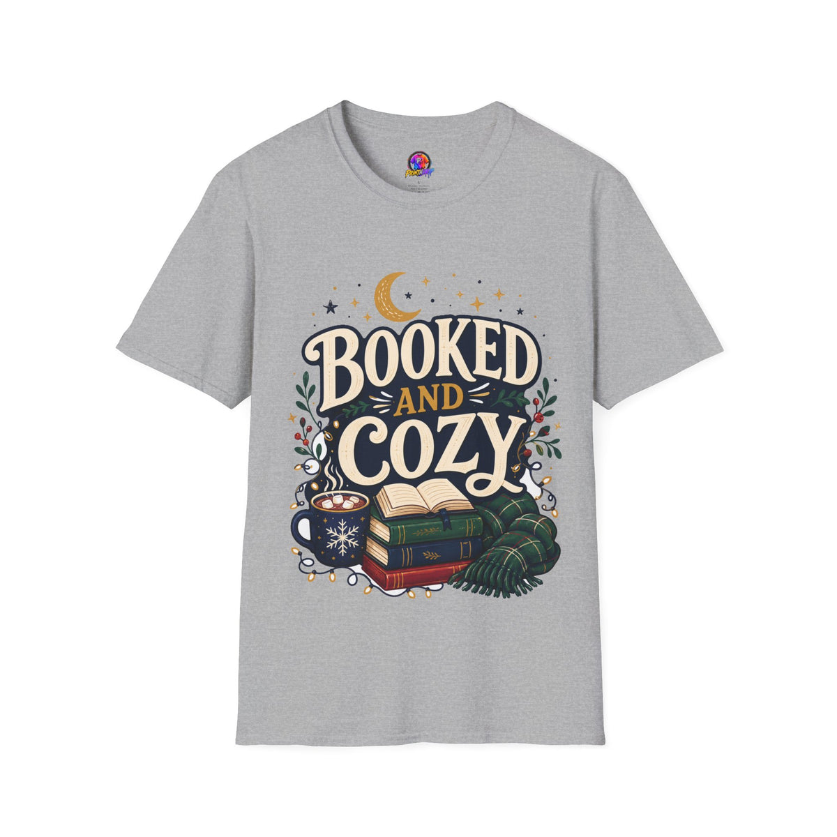 Booked and Cozy T-Shirt — Cozy Reading Graphic Tee (Books, Moon & Stars)