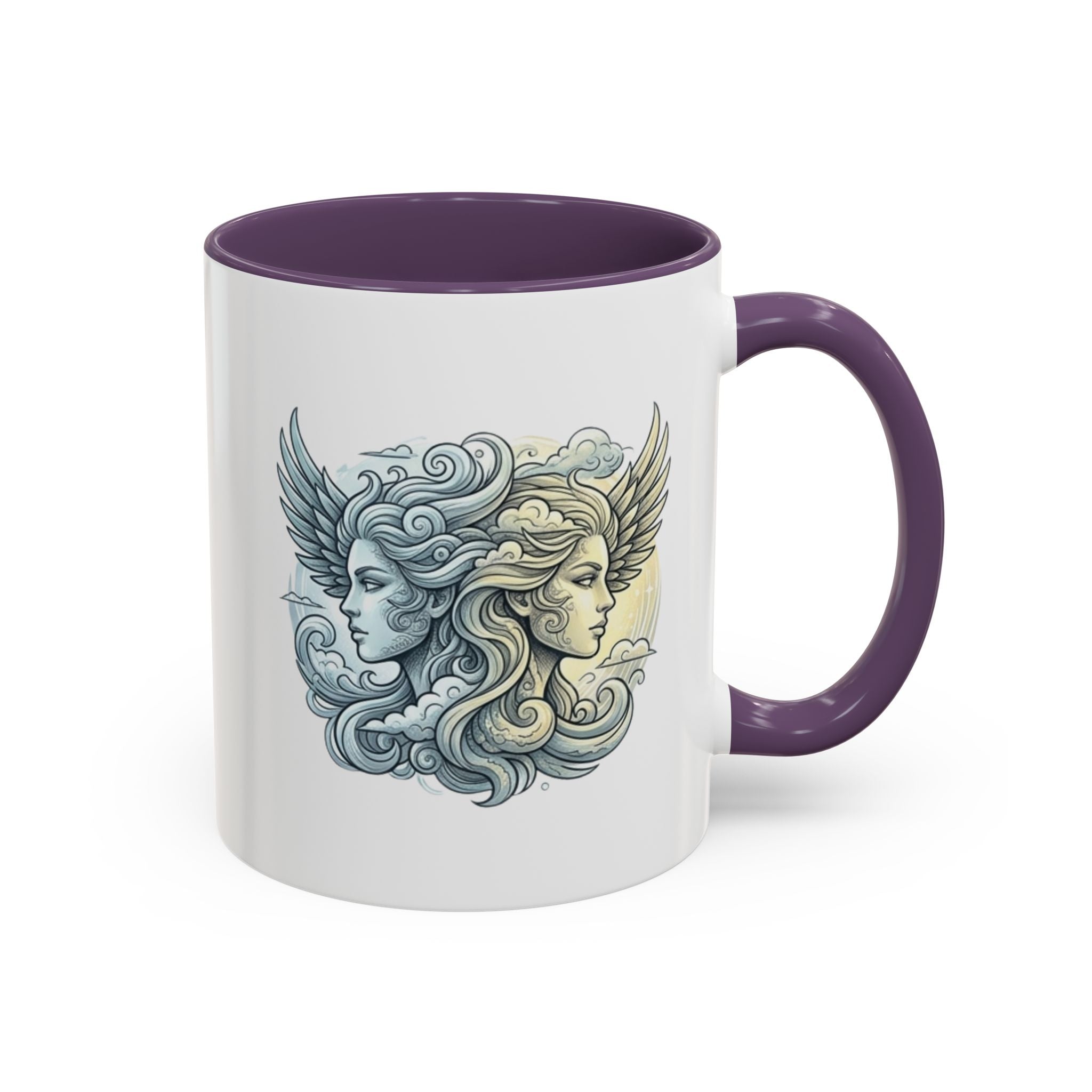 Gemini Twins Accent Coffee Mug — Sun & Moon Winged Faces Illustration