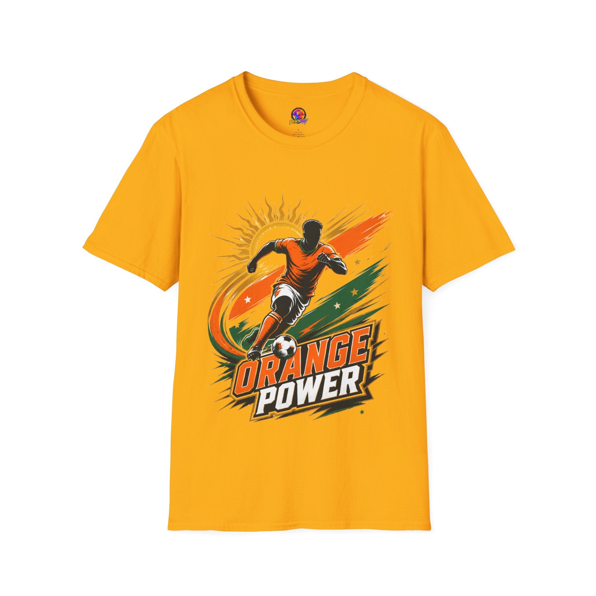 Côte d'Ivoire Orange Power Soccer T-Shirt — Dynamic Player Graphic Tee