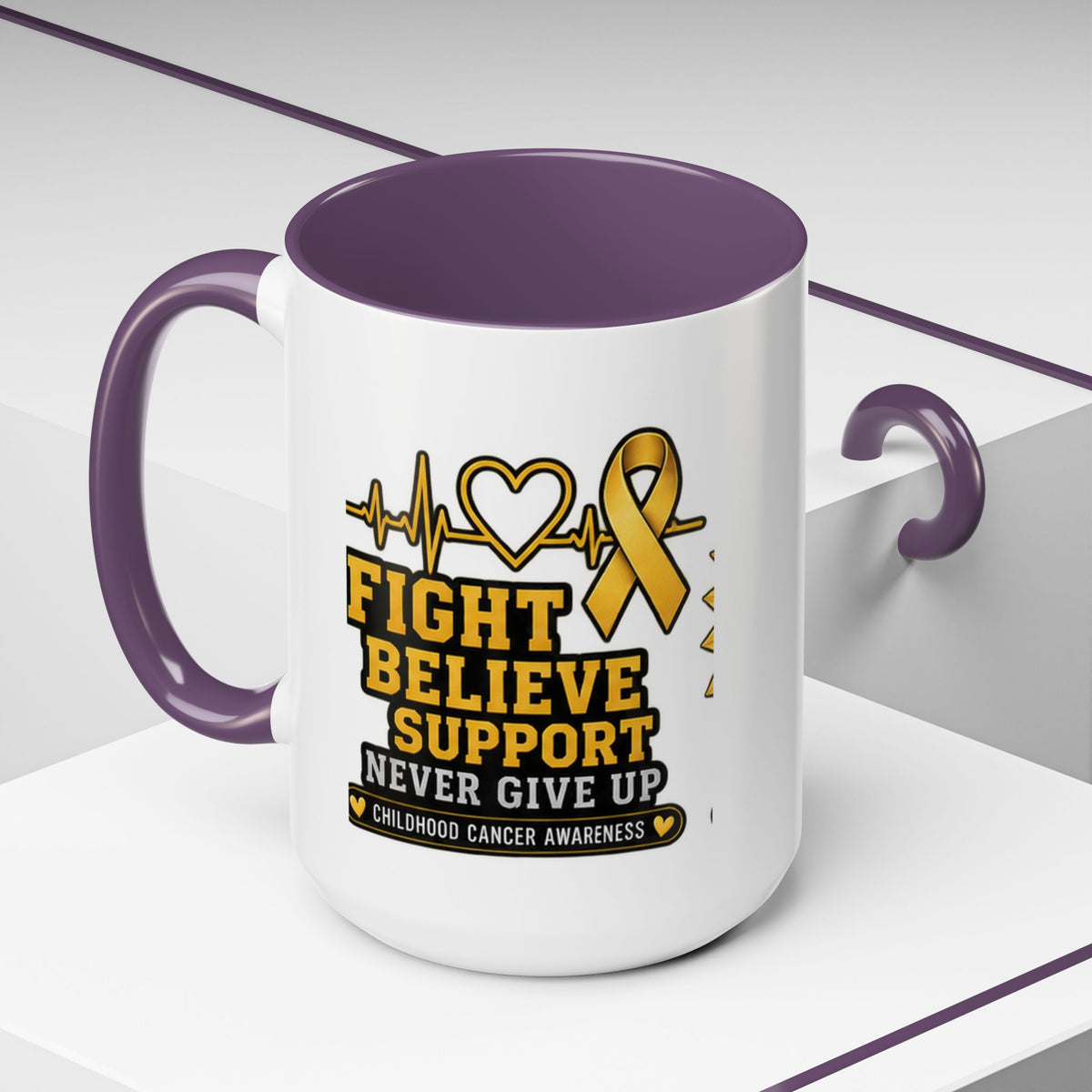 Childhood Cancer Awareness Accent Coffee Mug — "Fight Believe Support" 11/15oz