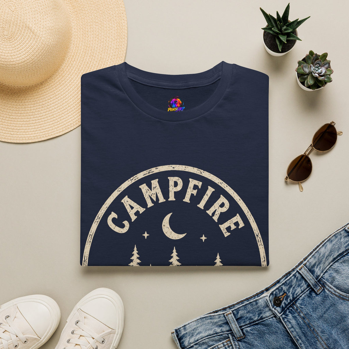 Campfire T-Shirt — 'Campfire After Dark' Vintage Moon & Trees Graphic