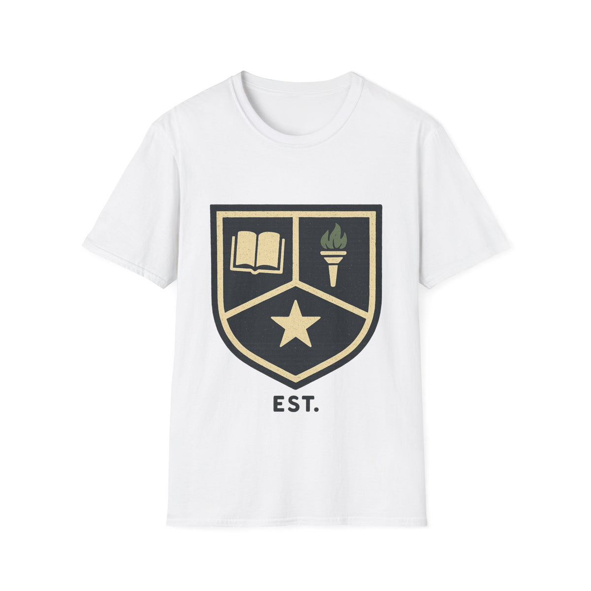 Academy Crest T-Shirt — Book & Torch Vintage Shield Tee - Trending Now - August 2026