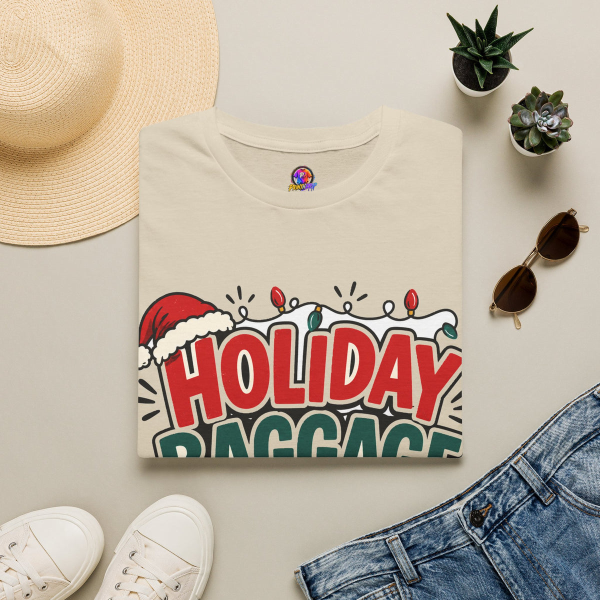 Holiday Baggage Claim T-Shirt — Funny Christmas Vacation Tee with Santa Hat & Lights