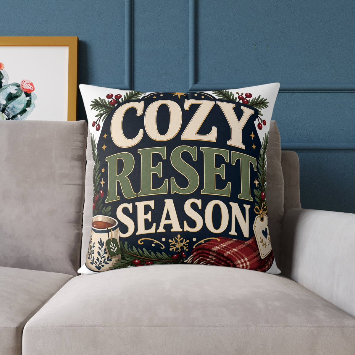 Modern Day Christmas Cozy Reset Season Square Poly Canvas Pillow