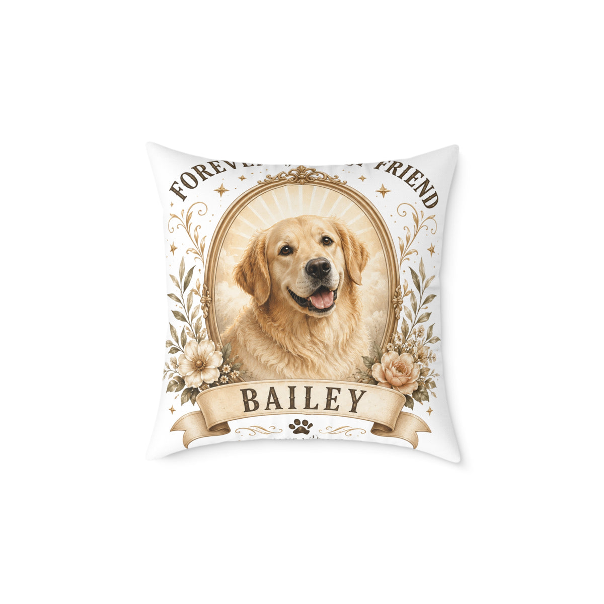Pet Memorial Pillow Milo Bailey Dog Dad Mom— Personalized "Bailey" Golden Retriever Tribute Square Pillow
