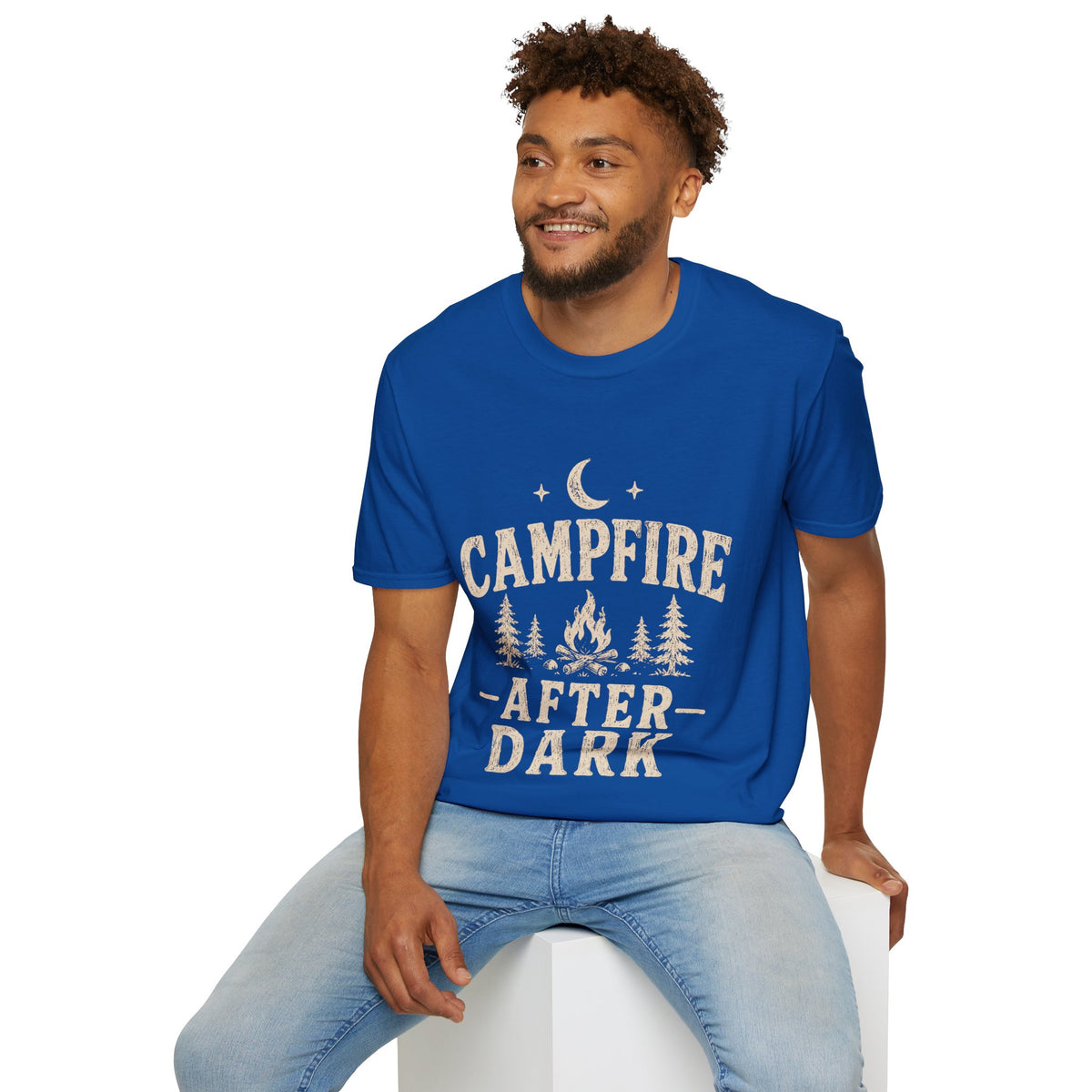 Campfire After Dark T-Shirt — Cozy Camping Moon & Trees Graphic