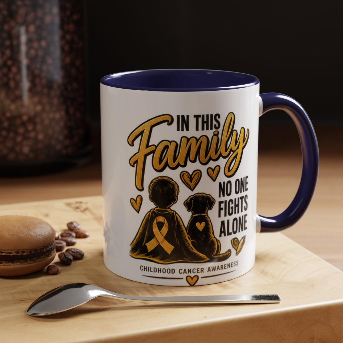 Childhood Cancer Awareness Accent Coffee Mug – "In This Family No One Fights Alone" (11/15oz)