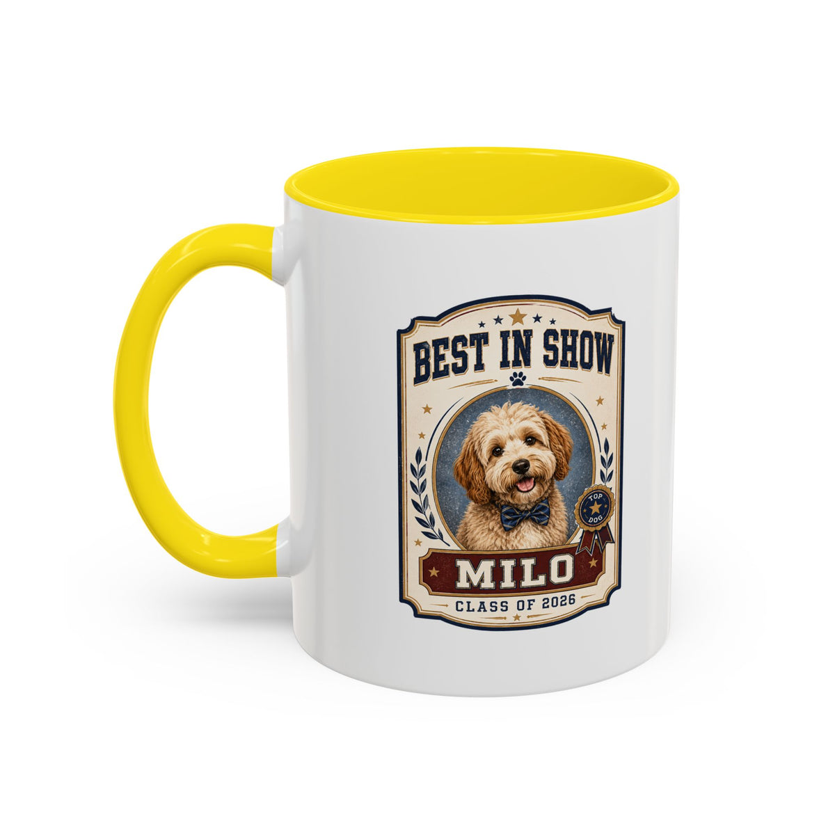 Milo Bailey Dog Dad Mom Best in Show Personalized Dog Mug — "Milo" Class of 2028 Accent Coffee Mug
