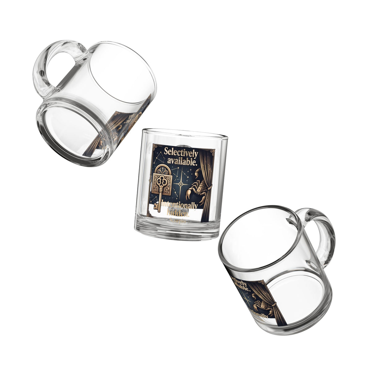 Scorpion Glass Mug — "Selectively Available. Intentionally Hidden" Scorpio Zodiac Coffee Mug