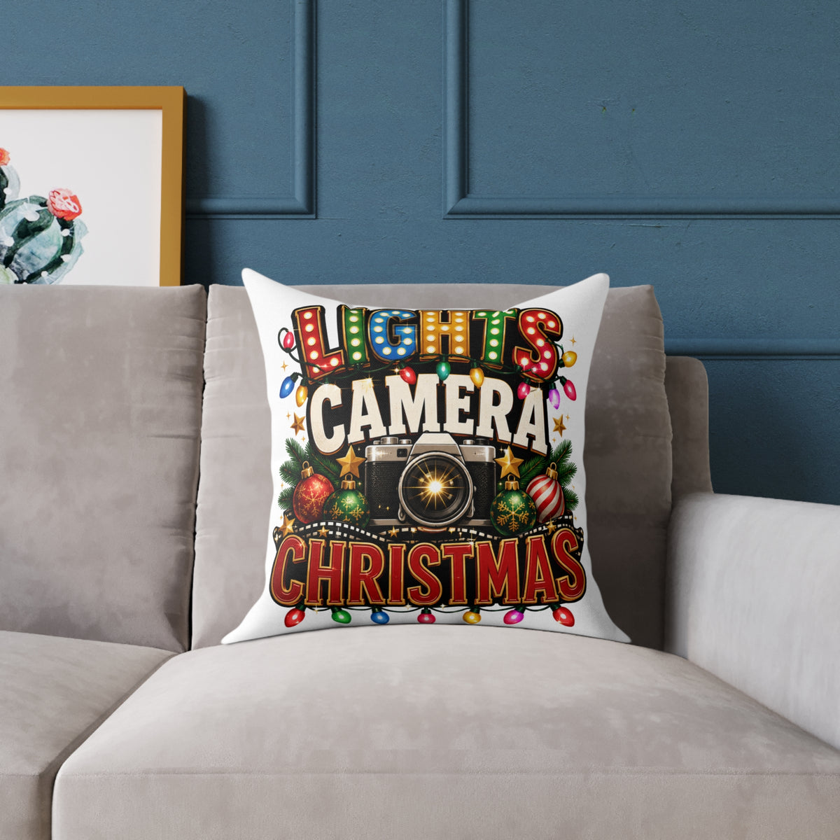 Christmas Photo Pillow - "Lights Camera Christmas" Decorative Square Throw Pillow