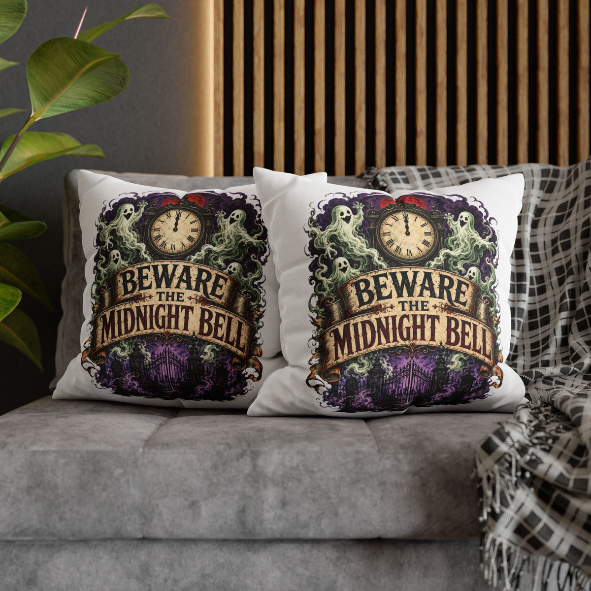 Halloween Beware the Midnight Bell Pillowcase — Haunted Clock & Ghosts Decorative Throw Pillow