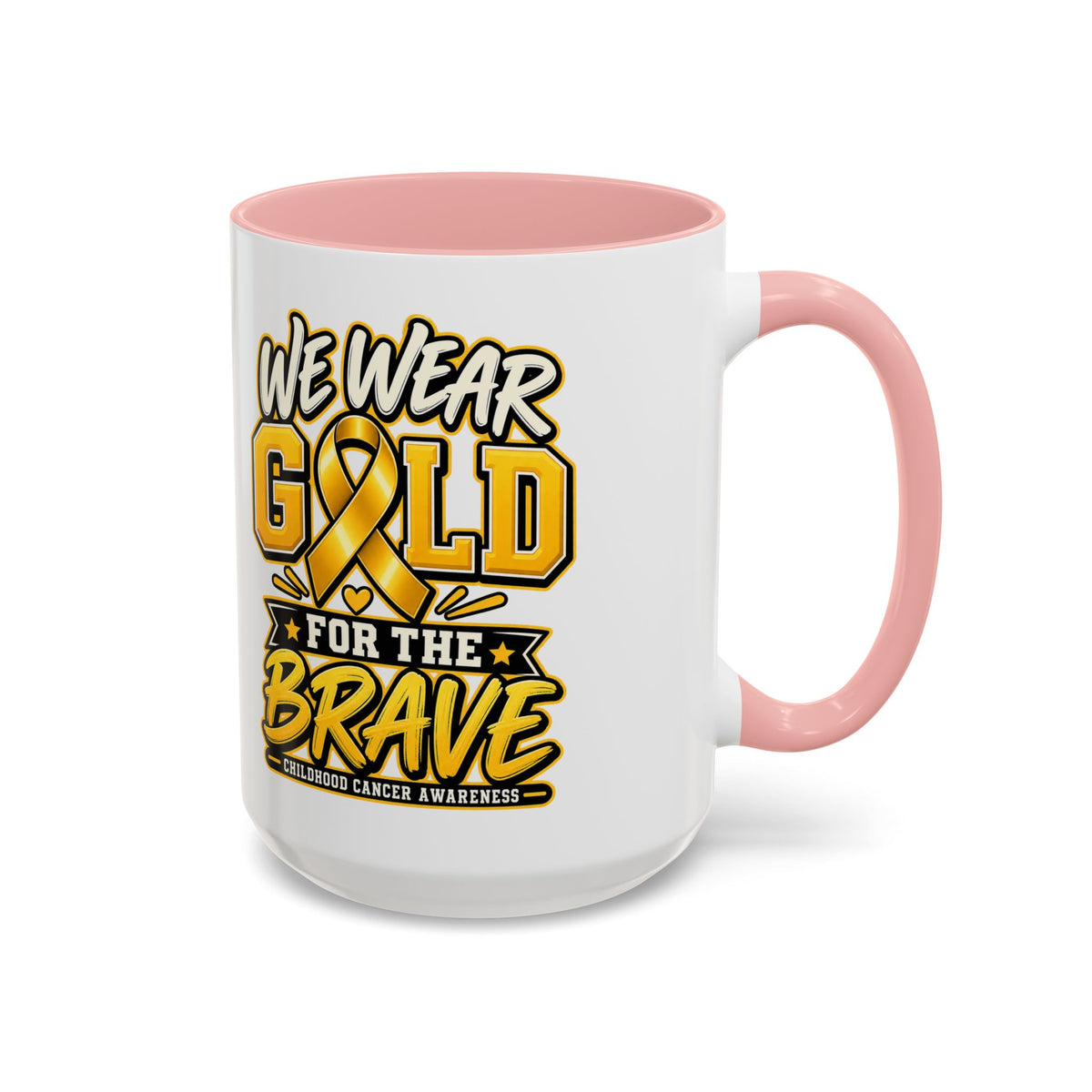 Childhood Cancer Awareness Accent Coffee Mug – "We Wear Gold for the Brave" (11/15 oz)