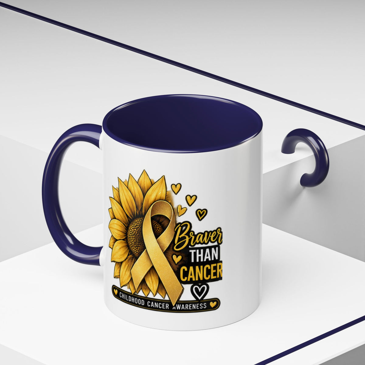 Childhood Cancer Awareness Mug — "Braver Than Cancer" Sunflower & Gold Ribbon