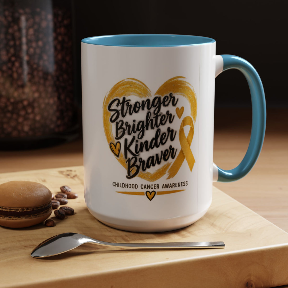 Childhood Cancer Awareness Accent Coffee Mug — "Stronger Brighter Kinder Braver"
