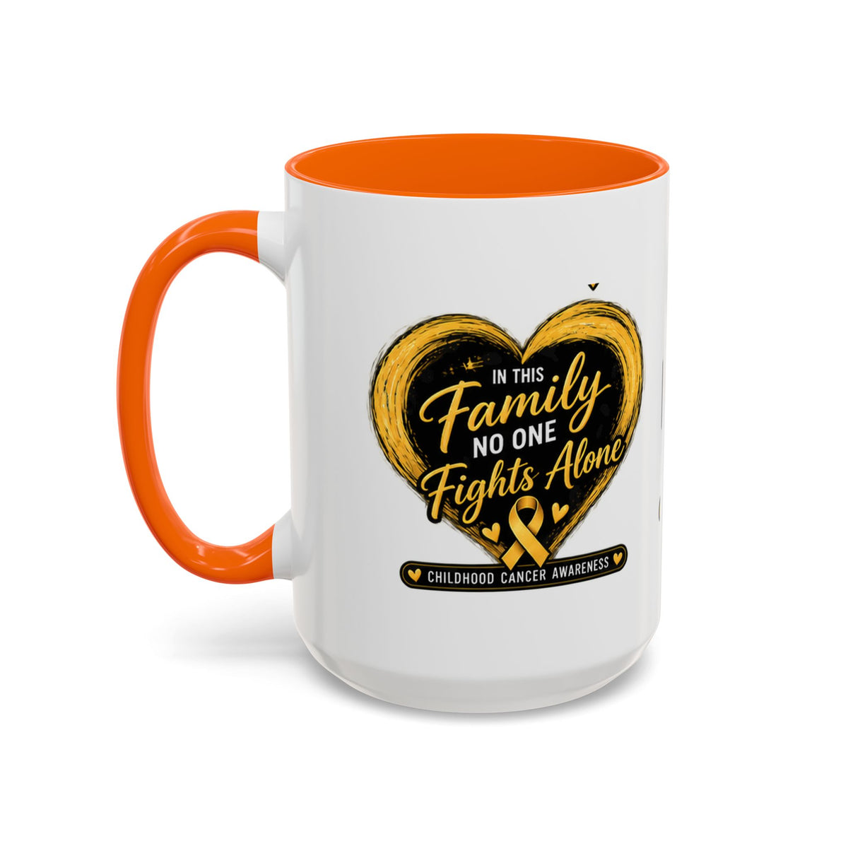 Childhood Cancer Awareness Accent Coffee Mug — "In This Family No One Fights Alone"