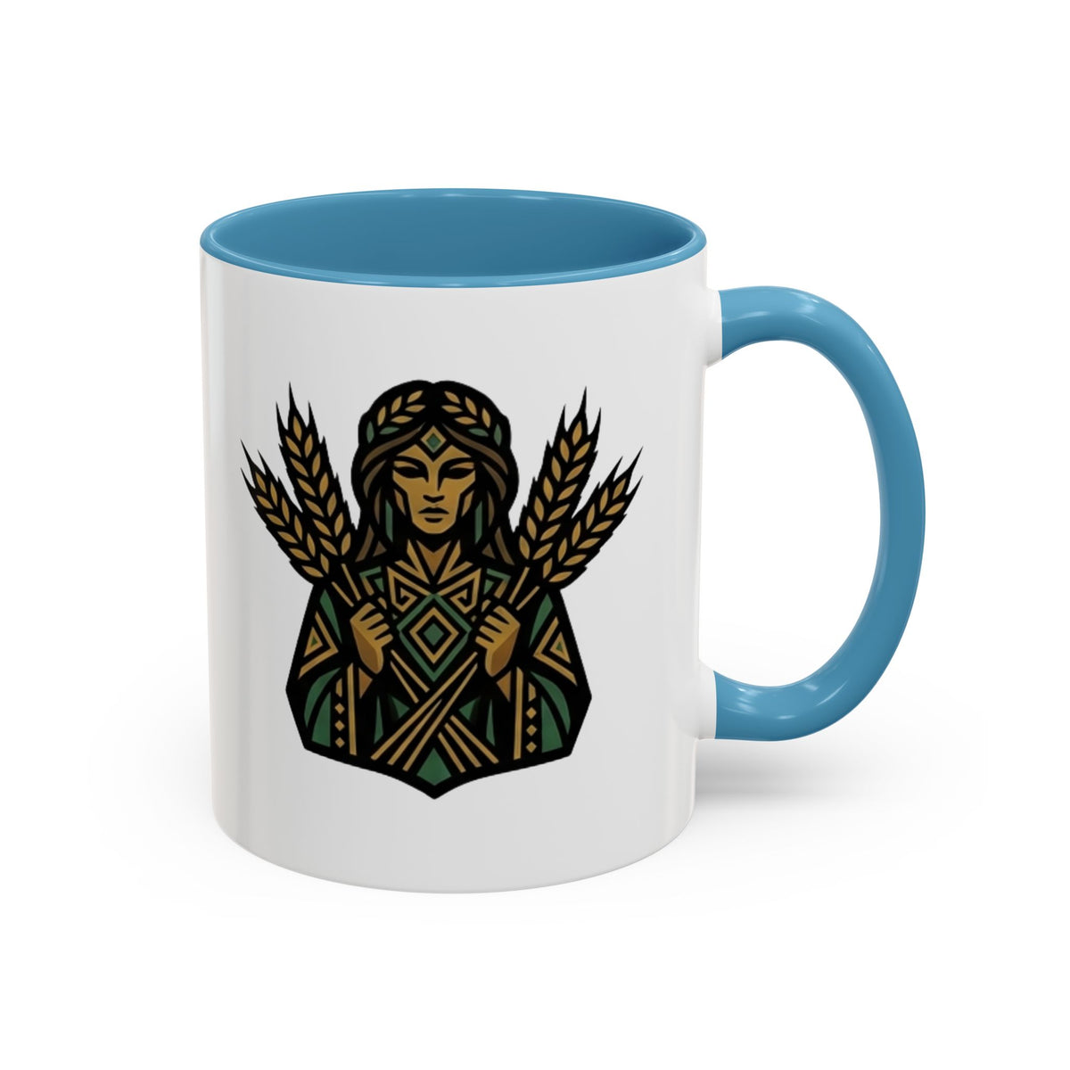 Virgo Zodiac Harvest Goddess Accent Coffee Mug — Rustic Wheat & Earthy Green Tribal Design