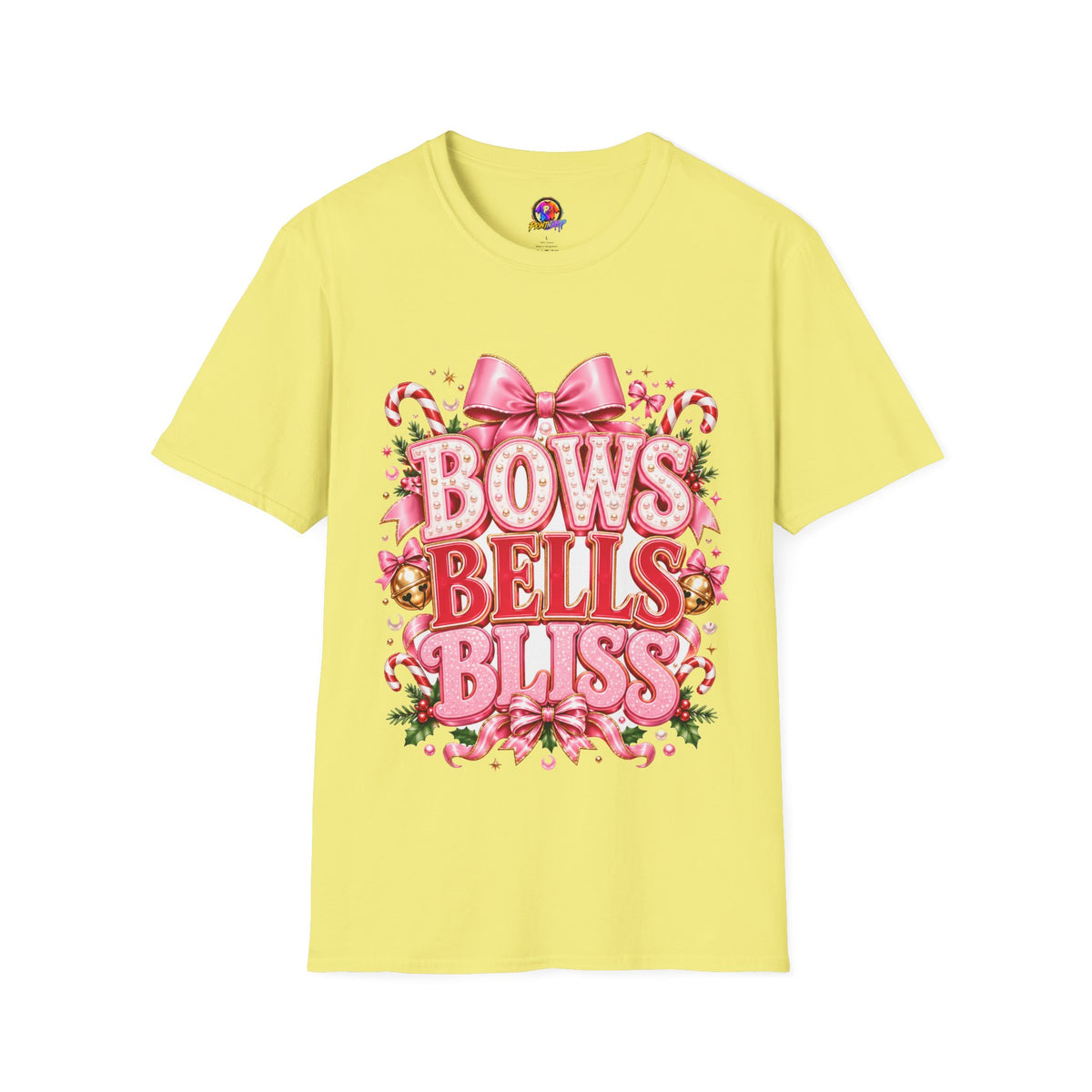 Bows Bells Bliss Christmas T‑Shirt — Pink Holiday Bow Graphic