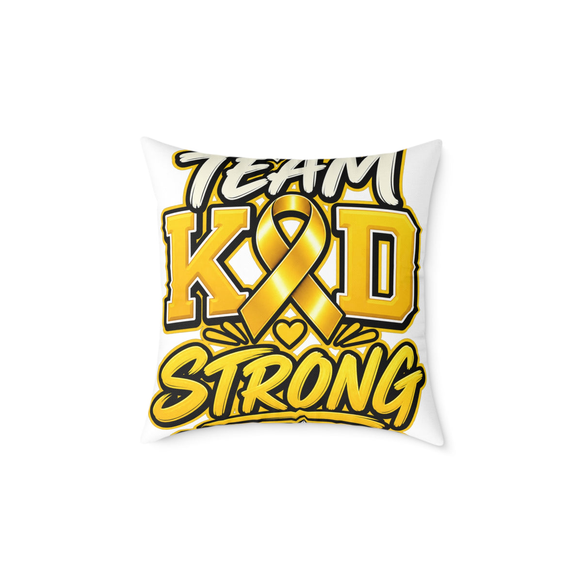 Team Kid Strong Square Throw Pillow — Childhood Cancer Awareness Ribbon Accent