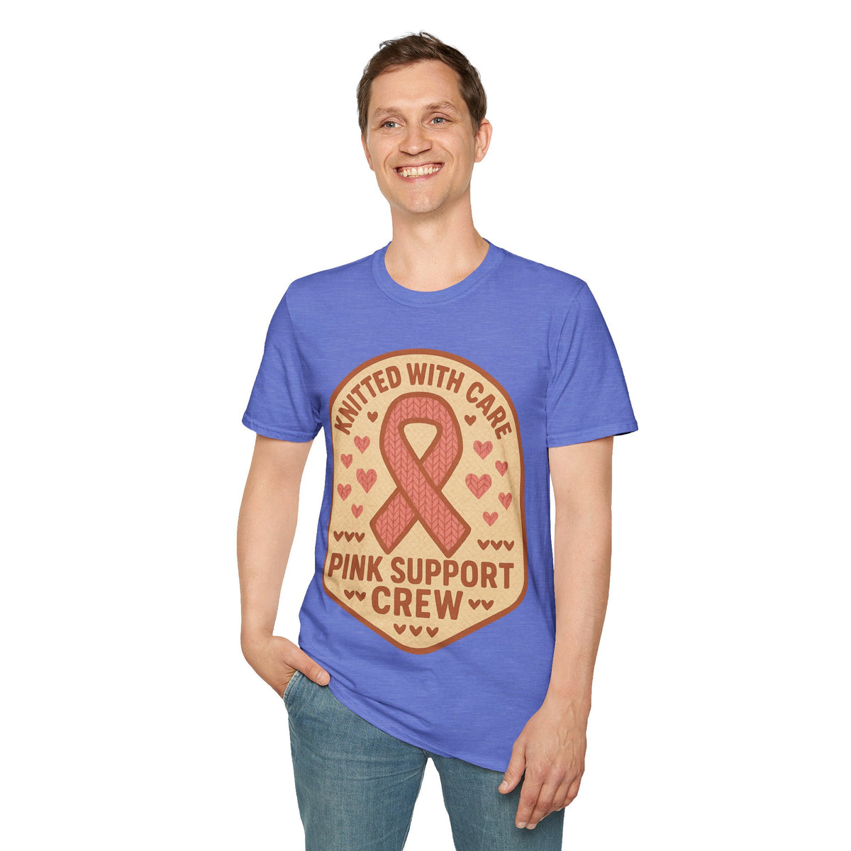 Pink Support Crew Knitted With Care Shield Badge T-Shirt, Breast Cancer Awareness Tee - Trending Now - September 2026