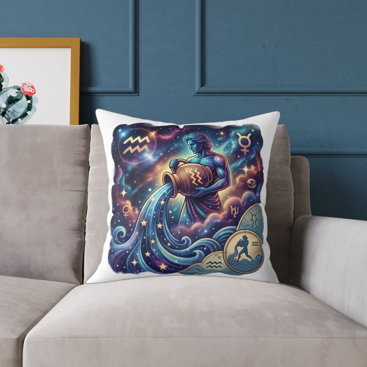 Aquarius Zodiac Pillow – Illustrated Astrological Water Bearer Throw Cushion