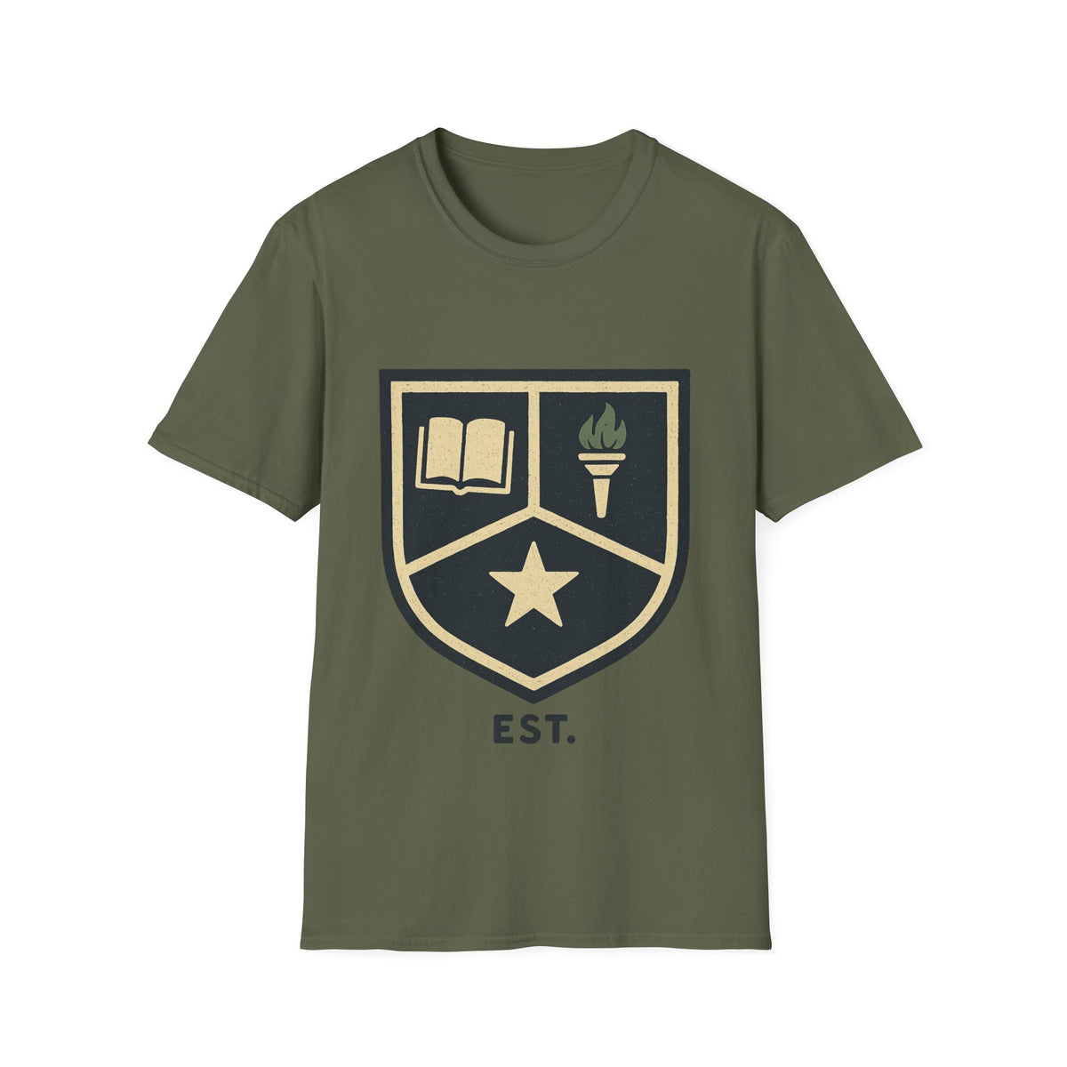Academy Crest T-Shirt — Book & Torch Vintage Shield Tee - Trending Now - August 2026
