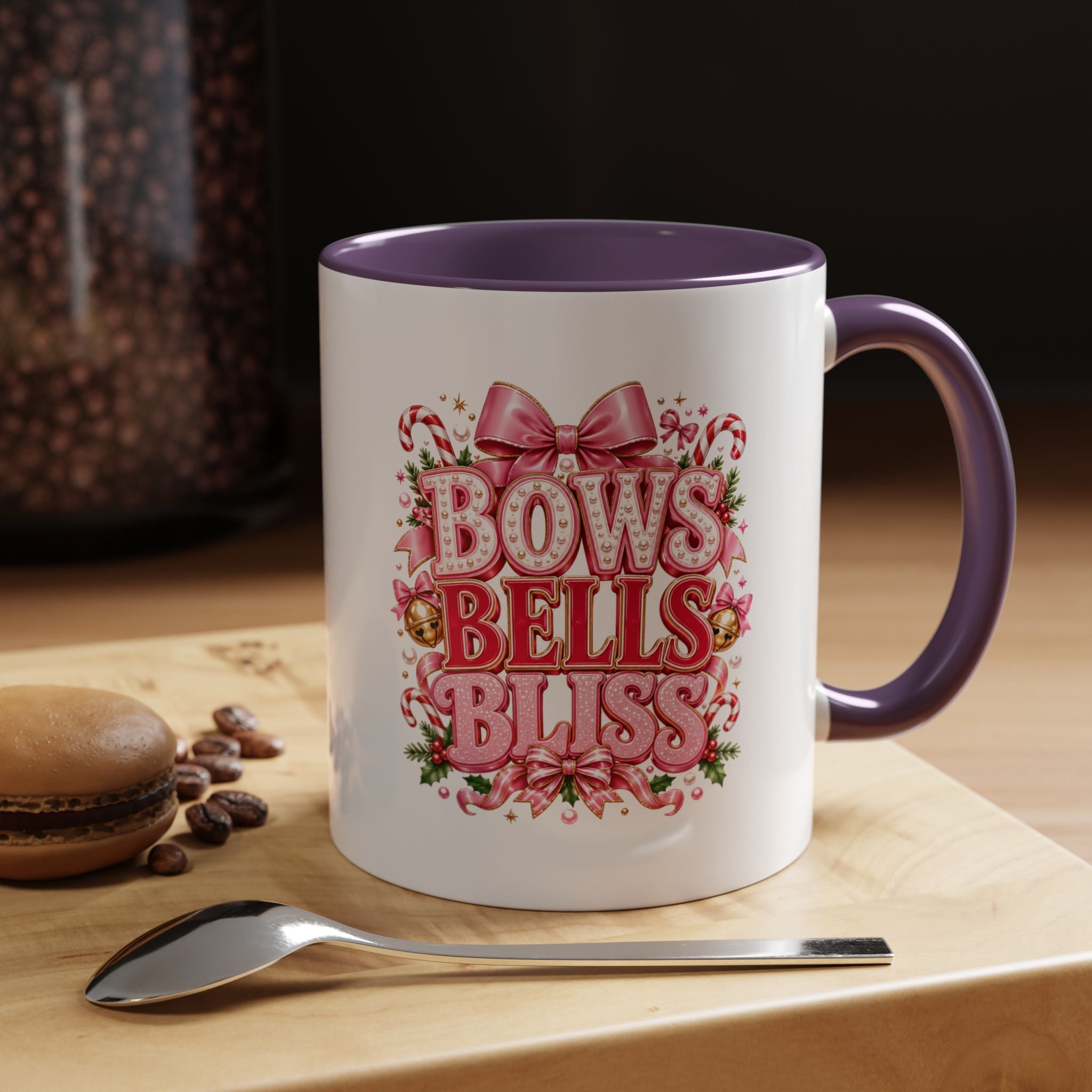 Modern Day Christmas Bows Bells Bliss Coffee Mug — Pink Holiday Accent Mug