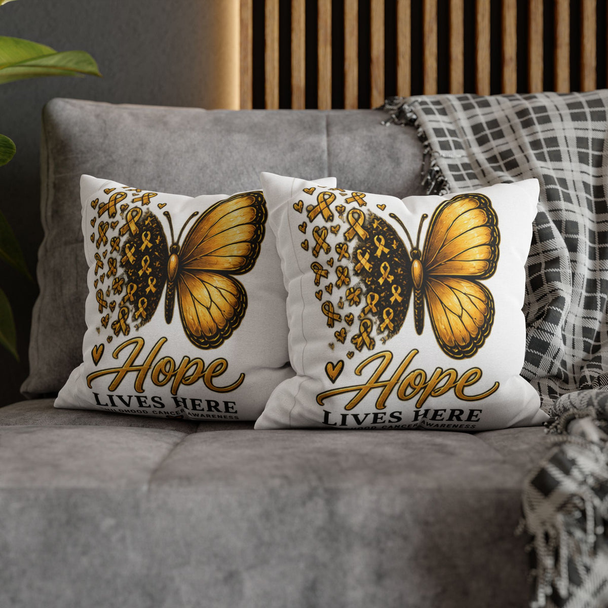 Childhood Cancer Awareness Pillow – "Hope Lives Here" Gold Ribbon Butterfly Square Pillowcase